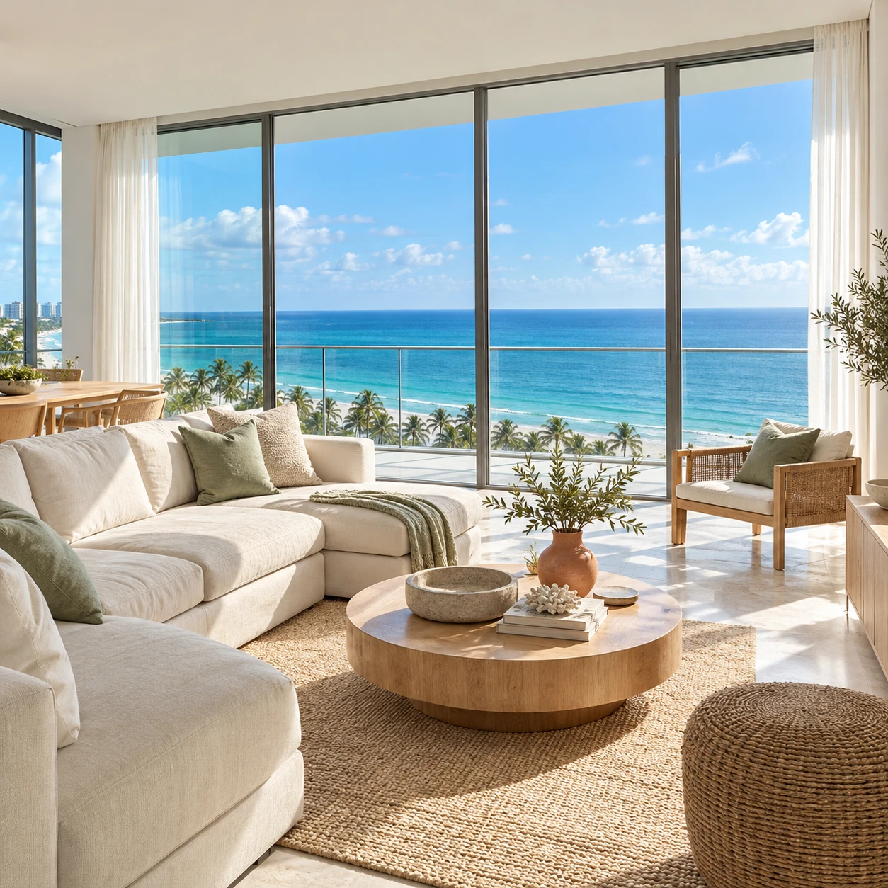 Sunlit living room with floor-to-ceiling windows and a turquoise ocean view